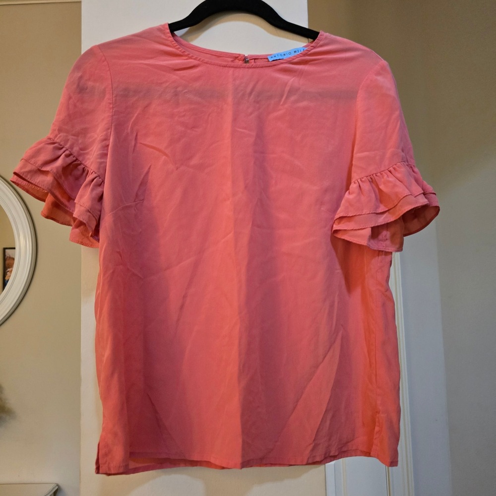 Antonio Melani Womens Coral Pink Ruffle Short Sleeve Keyhole Blouse‎ Small